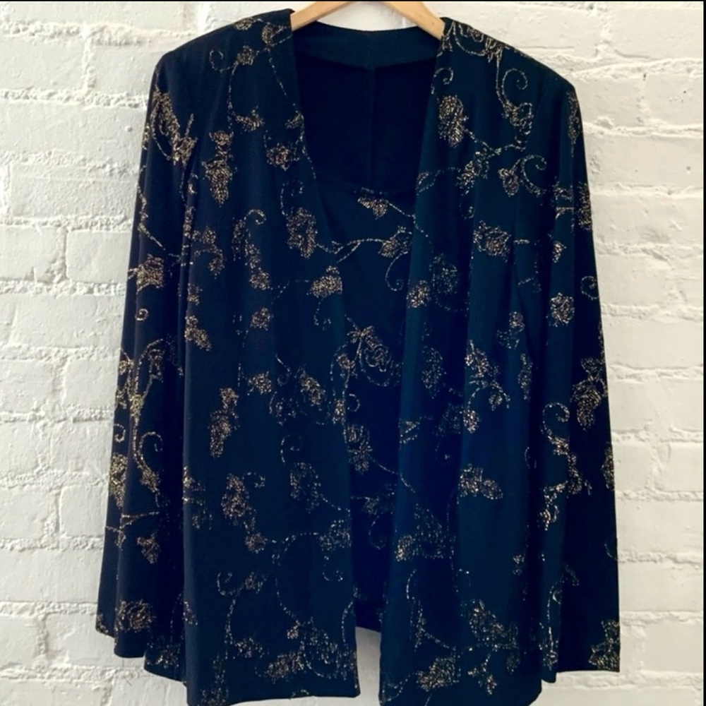 Alex Evenings Black Jacket Camisole Set Sparkly Gold Floral Print Wedding Event